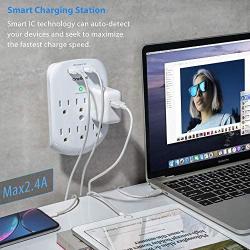 2 Pack 6-Outlet Wall Surge Protector, Multi Plug Outlet Extender, Outlet Wall Mount Adapter with 2 USB Charging Ports 2.4 A, 490 Joules, ETL Certified for Home, School, Office