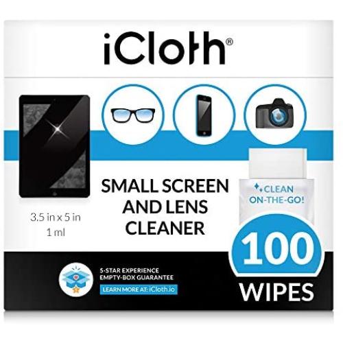 iCloth Lens and Screen Cleaner Pro-Grade Individually Wrapped Wet Wipes, 1 Wipe Cleans an Phone Screen, Camera, Laptop, Tablet, Smartphone, Lenses Box of 100