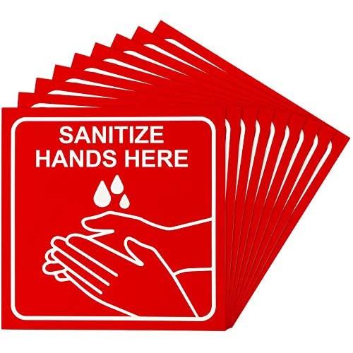 10 Pieces Sanitize Hands Here Signs Stickers Use Hand Signs 6 x 6 Inch Quality Self-Adhesive Vinyl, Laminated for UV, Scratch, Water, Weather and Fade Resistance, Indoor and Outdoor (Red)