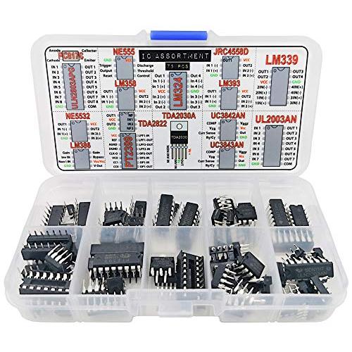 IC Assortment Box 75 pcs, PC817c, NE555, LM358, LM324, JRC4558D, LM393, LM339, NE5532, LM386, PT2399, TDA2822, TDA2030A, UC3842AN, UC3843AN, ULN2803APG, ULN2003AN and Sockets