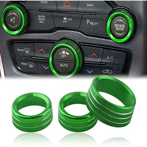 Challenger/Charger Control Knob Covers，Custom Fit Volume AC Radio Switch Button Decal Trim Rings Set of 3 - Compatible with Dodge Challenger/Charger (2015-UP) - Green