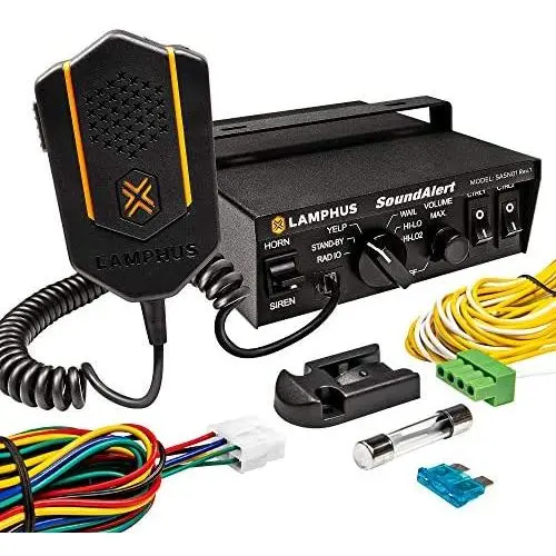 SoundAlert 100W Emergency Police Siren Amplifier [2 x 20A Switch Control] [Hands-Free Air Horn] [PTT Mic] [Radio Rebroadcast] Warning PA System for Emergency Vehicles Trucks Cars Warning Lights