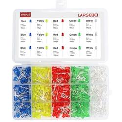 500pcs LED Diode Lights, LARSEBEI 5 Colors 5mm Light Emitting Diodes LED Assortment Kit Electronic Components, Diffused Round Light Bulb for Arduino/Experience, White Red Yellow Green Blue DIY set box