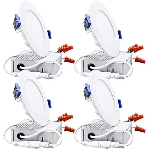 TORCHSTAR Basic Series 10W 4 Inch Low Profile Ultra-Thin Recessed Ceiling Light with Junction Box, 5000K Daylight Dimmable Can-Killer Downlight, 650lm 80W Eqv. ETL and Energy Star, Pack of 4