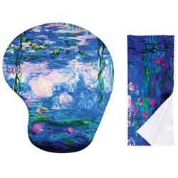 Claude Monet Water Lillies 1917 Ergonomic Design Mouse Pad with Wrist Support. Gel Hand Rest. Matching Microfiber Cleaning Cloth for Glasses & Electronics. Mouse Pad for Laptop, PC Computer & Mac.