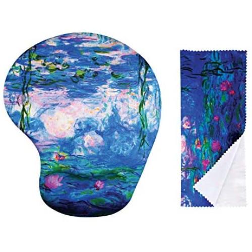 Claude Monet Water Lillies 1917 Ergonomic Design Mouse Pad with Wrist Support. Gel Hand Rest. Matching Microfiber Cleaning Cloth for Glasses & Electronics. Mouse Pad for Laptop, PC Computer & Mac.