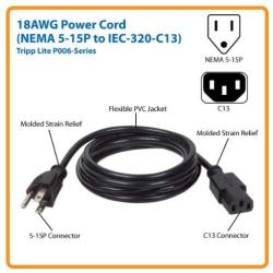 Tripp Lite Standard Computer Power Cord 10A,18AWG (NEMA 5-15P to IEC-320-C13) 6-ft.(P006-006)