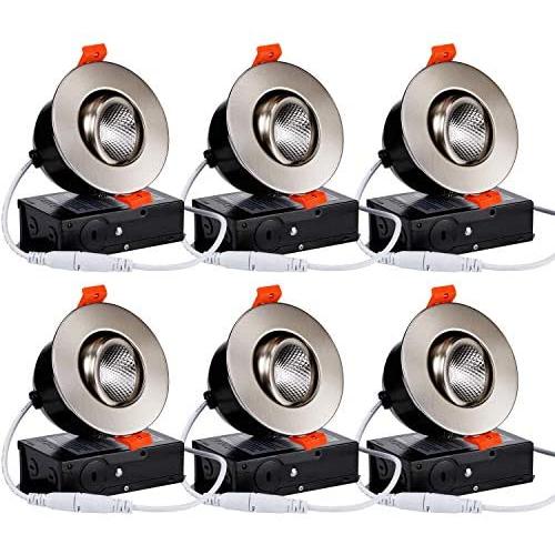 TORCHSTAR 3 Inch Gimbal LED Dimmable Recessed Light with J-Box, 7W (50W Eqv.) 500lm, Airtight, ETL/Energy Star, CRI 90+, 4000K Cool White, 5 Years Warranty, Satin Nickel, Pack of 6