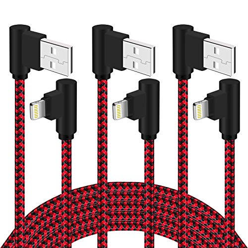 iPhone Charger 10 FT 3 Pack 90 Degree Lightning Cable Right Angle Cable Charging and Syncing Cord Extra Long Nylon Braided for iPhone/iPad (Red Black,10Foot)