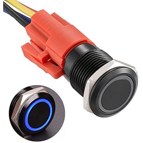 APIELE 16mm Latching Push Button Switch 12V DC On Off Black Shell with LED Angel Eye Head for 0.63'' Mounting Hole with Wire Socket Plug Self-Locking (Blue/Black Shell)