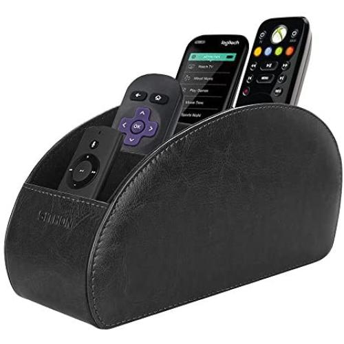 SITHON Remote Control Holder with 5 Compartments - PU Leather Remote Caddy Desktop Organizer Store TV, DVD, Blu-Ray, Media Player, Heater Controllers, Black