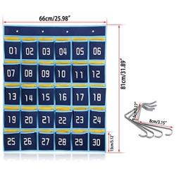Hipiwe Numbered Classroom Organizer Pocket Chart for Cell Phones Calculator Holders with Hooks (30 Pockets, Blue Pockets)