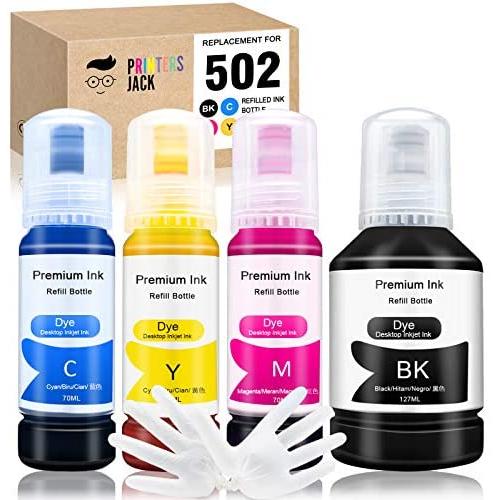 PJ Compatible Refill Ink Bottles Replacement for 502 T502 for EcoTank ET-2750 ET-3750 ET-4750 ET-2760 ET-3760 ET-4760 ET-2700 ET-3700 ET-3710 ET-15000 ST-2000 ST-3000 ST-4000 Printer (Regular Ink)