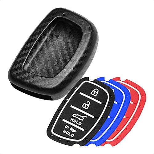 TANGSEN Smart Key Fob Personalized Case Protective Cover for Hyundai Elantra GT Tucson 4 Button Keyless Entry Remote 3D Twill Weave Carbon Fiber ABS Plastic Emboss Silicone Rubber