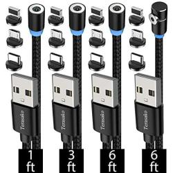 Magnetic Charging Cable [4-Pack,1ft/3ft/6ft/6ft], Terasako 3-in-1 Nylon Braided Cord, Compatible with Mirco USB, Type C Smartphone and iProduct Device
