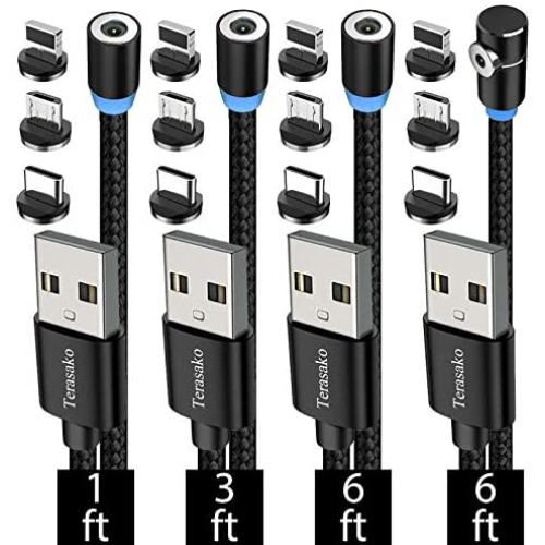 Magnetic Charging Cable [4-Pack,1ft/3ft/6ft/6ft], Terasako 3-in-1 Nylon Braided Cord, Compatible with Mirco USB, Type C Smartphone and iProduct Device