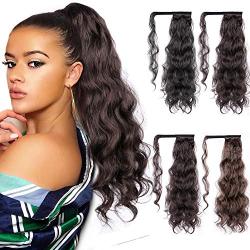 MORICA Long Wavy Ponytail Extension for Women,Curly Wavy Wrap Around Drawstring Magic Paste Ponytail,1pc Woman 26'' Long Synthetic Clip in Ponytail Hairpiece Messy Hair Extensions(Color: Black Brown)