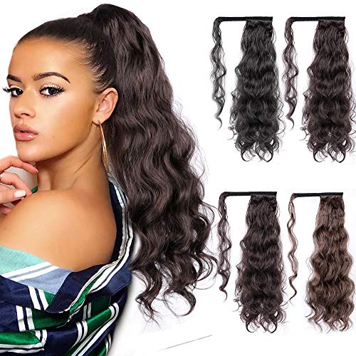 MORICA Long Wavy Ponytail Extension for Women,Curly Wavy Wrap Around Drawstring Magic Paste Ponytail,1pc Woman 26'' Long Synthetic Clip in Ponytail Hairpiece Messy Hair Extensions(Color: Black Brown)