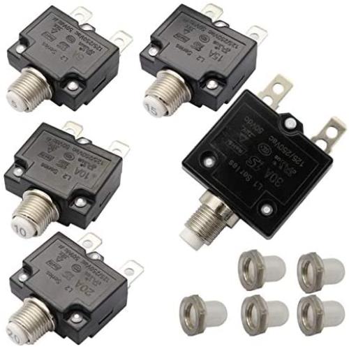 T Tocas 5pcs Push Button Reset 5A 10A 15A 20A 30A Circuit Breakers with Quick Connect Terminals and Waterproof Button Cap