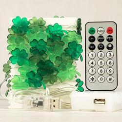 Irish Clover String Lights Decorating for St. Patrick’s Day, 10ft 40 LEDs Shamrock Green Bulbs, Battery-Powered with 9 Lighting Models Remote, Fairy Lighting Decorative for Indoor & Covered Outdoor