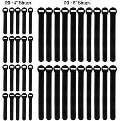 Wrap-It Self-Gripping Storage Straps, Black, 40 Pack (20 4” Straps, 20 8” Straps) – Reusable Hook and Loop Cord Organizer Cable Ties for Cord Management and Organization