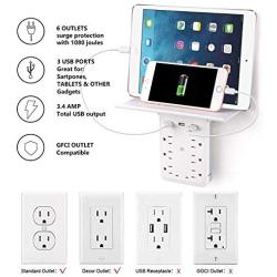 Socket Outlet Shelf Surge Protector, NESSTU Multi Electrical Wall Outlet, 6 in 1 Outlets Extender with Easy-Install Removable Shelf, Outlet Plug Adapter with 3 USB (3.4A) Charging Ports