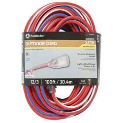 Southwire 2549SWUSA1 100-Feet, Contractor Grade, 12/3 Extension Cord, With Lighted End; Red White And Blue, American Made Extension Cord, Indoor and Outdoor Use, Water Resistant Flexible Jacket