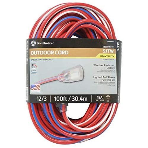Southwire 2549SWUSA1 100-Feet, Contractor Grade, 12/3 Extension Cord, With Lighted End; Red White And Blue, American Made Extension Cord, Indoor and Outdoor Use, Water Resistant Flexible Jacket Southwire 2549SWUSA1 100-Feet, Contractor Grade, 12/3 Extension Cord, With Lighted End; Red White And Blue, American Made Extension Cord, Indoor and Outdoor Use, Water Resistant Flexible Jacket