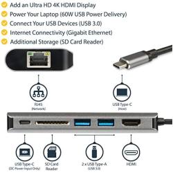 StarTech.com USB C Multiport Adapter - Portable USB-C Dock to 4K HDMI, 2-pt USB 3.0 Hub, SD/SDHC, GbE, 60W PD Pass-Through - USB-C Travel Mini Docking Station - USB Type-C/Thunderbolt 3 (DKT30CSDHPD)