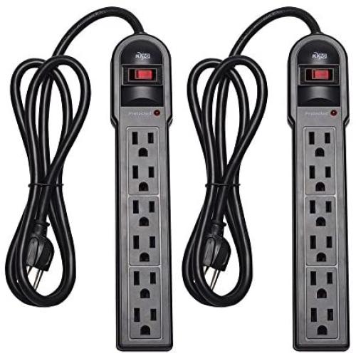 KMC 6-Outlet Surge Protector Power Strip 2-Pack, 900 Joule, 4-Foot Cord, Overload Protection, Black