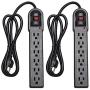 KMC 6-Outlet Surge Protector Power Strip 2-Pack, 900 Joule, 4-Foot Cord, Overload Protection, Black