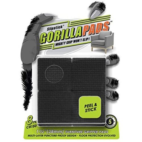 GorillaPads CB150 Non Slip Furniture Pads/Rubber Grips (Set of 8) Self Adhesive Furniture Feet Floor Protectors, 1-1/2 inch Square, Black