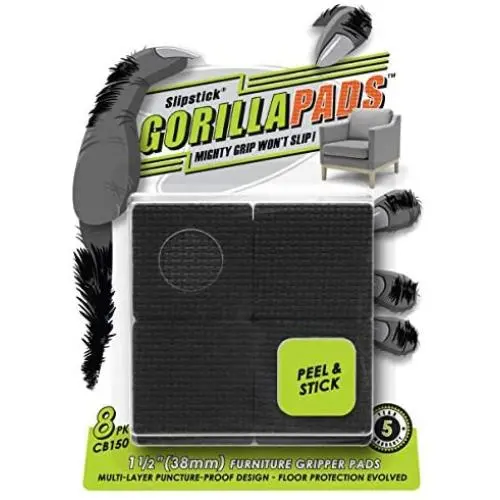 GorillaPads CB150 Non Slip Furniture Pads/Rubber Grips (Set of 8) Self Adhesive Furniture Feet Floor Protectors, 1-1/2 inch Square, Black