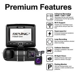 REXING S1 Dash Cam 3-Channel Front,Rear,Cabin 1080P + 720p +720p, 3” LCD, Infrared Night Vision, Parking Monitor, Mobile APP, WiFi, 170°Angle Lens, Loop Recording, Supercapacitor, Support up to 256GB