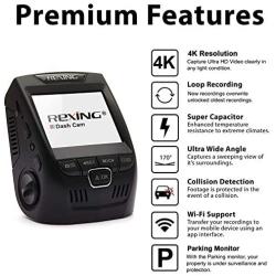 Rexing V1 - 4K Ultra HD Car Dash Cam 2.4'' LCD Screen, Wi-Fi, 170° Wide Angle Dashboard Camera Recorder with G-Sensor, WDR, Loop Recording, Supercapacitor, Mobile App, 256GB Supported