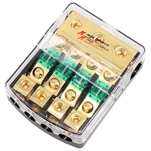 Magicsource Mini ANL Fuse Holder 12V 0/2/4 Gauge in to 4/8 Gauge Out for Car Audio AmplifierCopper Wiring Module High-Temperature Plastic Base Clear Cover with 60Amp Mini Fuse 4-Way
