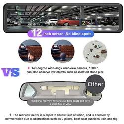 12 Inch Mirror Dash Cam 1080P Front and Rear Dual Lens Backup Camera, Full Touch Screen Mirror Camera,170° Wide Angle and Night Vision
