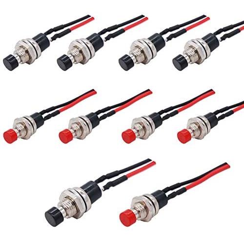 Twidec/10Pcs 1A 250V AC 2 Pins SPST Black + Red Normal Open Mini Momentary Push Button Switch with Pre-soldered Wires PBS-110-XBKR