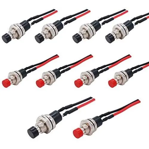 Twidec/10Pcs 1A 250V AC 2 Pins SPST Black + Red Normal Open Mini Momentary Push Button Switch with Pre-soldered Wires PBS-110-XBKR