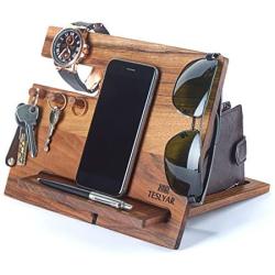 TESLYAR Natural Walnut Wood Phone Docking Station Hooks Key Holder Wallet Stand Watch Organizer Men Gift Husband Anniversary Birthday Nightstand Purse Father Graduation Male Travel Idea Gadgets Solid