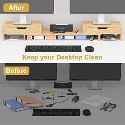 Elephance Dual Monitor Stand Riser with Adjustable Length and Angle, Bamboo Computer Riser with 2 Extra Drawers, Desk Organizer for Laptop, Computer