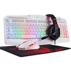 Redragon S101 Wired RGB Backlit Gaming Keyboard and Mouse, Gaming Mouse Pad, Gaming Headset Combo All in ONE PC Gamer Bundle for Windows PC – (White)
