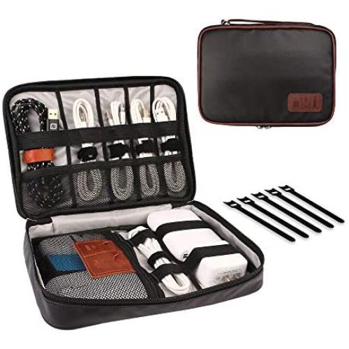 HOLIMET Electronics Organizer Bag Travel Cable Accessories Cord Storage Bag Case Box to House Charging Lighting USB Wire Cellphone Mini Tablet with 5pcs Cable Ties for Office Home Traveling, Black