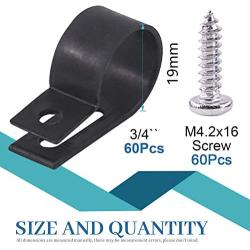Glarks 60Pcs 3/4 Inch Black Nylon Screw Mounting R-Type Cable Clip Wire Clamp with 60Pcs Screws for Wire, Cable, Conduit and Cable Conduit Kit (Black)