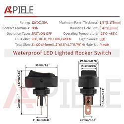 APIELE Rocker Toggle Switch Boat Waterproof DC 12V 30A ON-Off with Dot Light SPST 3 Pins 2 Position 4Pcs ASW-20D (Blue)