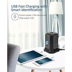 USB Power Strip Tower Surge Protector 10ft Extension Cord Desktop Charging Station 9 Outlet 4 USB 1080J Adjustable Voltage 110-240V Fire Proof Multiple Plug for PC Tablet Computer Office SUPERDANNY