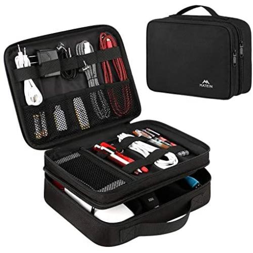 Matein Electronics Travel Organizer, Waterproof Electronic Accessories Case Portable Double Layer Cable Storage Bag for Cord, Charger, Flash Drive, Phone, Ipad Mini, SD Card, Gifts for Him, Black