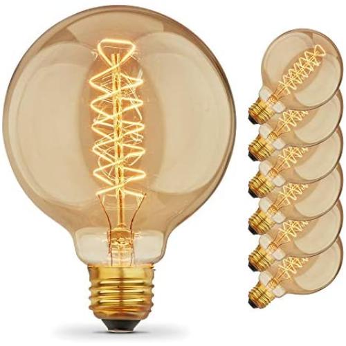 [6 Pack] Vintage Edison Bulbs with Spiral Filament, 60W Dimmable E26/E27 G95 Round Globe Large Antique Light, Golden Finish Industrial Design Amber Warm 120V