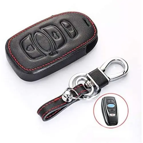 Royalfox(TM) 2 3 Buttons Leather Smart Remote Key Fob case Cover Keychain for Subaru Forester Sti 2016 2017/2017 2018 Outback Impreza/2015 2016 XV Crosstrek / 2014-2017 BRZ (Leather with Keychain)