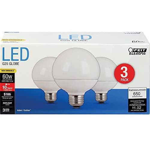 FEIT Electric G2560/850/10KLED/3 G2560/850/10Kled/ Non-Dimmable Led Lamp, 60 W, 120 Vac, 650 Lumens, 5000 K, CRI >80, 3.15 in Dia, 4.3'' H x 3.1'' D, Product Specific, 3 Piece